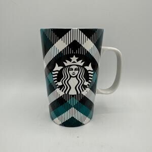 Starbucks 2015 Green White Tartan Plaid Tall 16 oz Coffee Mug Mermaid Logo